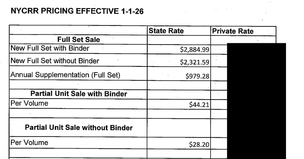 NYCRR pricing table with the Private Rate column redacted